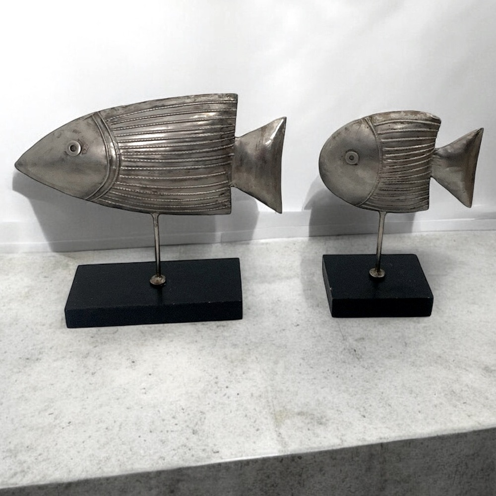 Metal Fish Wood Base Home Decor Set (2)